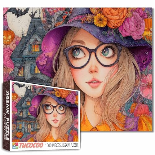 Halloween Cute Girl 1000 Stück Puzzle für Erwachsene, Hexe, Urlaub Party Geschenke Frauen Herausfordernde perfekt für Spiel Nächte von Walarky