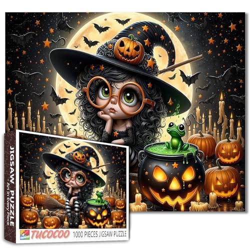 Halloween Cute Girl 1000 Stück Puzzle für Erwachsene, Hexe, Urlaub Party Geschenke Frauen Herausfordernde perfekt für Spiel Nächte von Walarky
