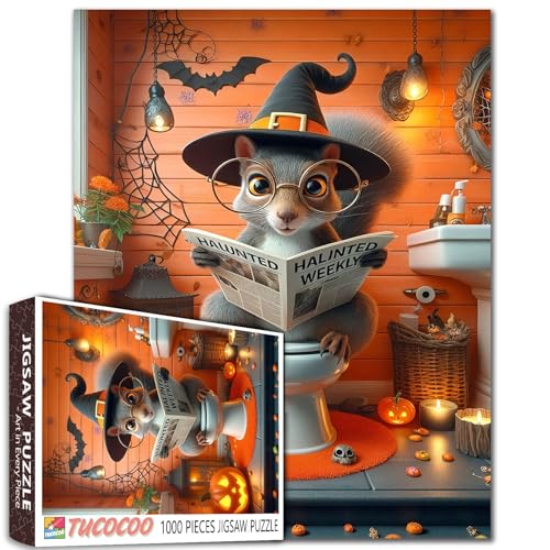 Halloween Cute Squirrel Jigsaw Puzzle for Adults 1000 Pieces Funny Animal Bathroom Puzzle with Pumpkins Candles Spider Bats Cozy Haunted House Decor Puzzles Families Halloween Night Puzzle Gift von Walarky