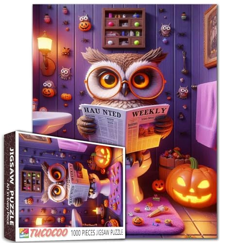 Halloween Die Eule mit Brille liest Zeitungen Jigsaw Puzzle 1000 Teile für Erwachsene Geschenke für Freunde und Familie Intellektuelle Dekomprimierung Spaß Familienspiel 19,7 x 27,6 Zoll von Walarky