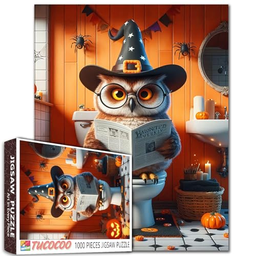 Halloween Eule Hexenhut Puzzle für Erwachsene 1000 Teile Kürbis Badezimmer Dekor Puzzles Lustige Tier Lesen Zeitung Herausfordernde Kunst Puzzle für Erwachsene Teens Familienspiel Aktivitäten von Walarky