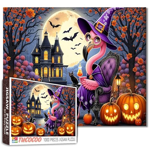Halloween Flamingo Hexe Puzzle 1000 Teile für Erwachsene Spukhaus Kürbisse Fledermäuse Schwarze Katzen Vollmond Nacht Puzzles Lustige Tiere Herbstszene Spaß Herausfordernd Entspannend Urlaub Puzzle von Walarky