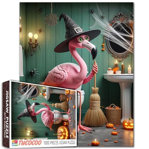Halloween Flamingo Puzzle für Erwachsene 1000 Teile Hexe Tier auf Toilette für herausfordernde Familienaktivitätsspiele Kunst Wanddekoration Heimdekoration DIY Handwerk Puzzle Geschenk von Walarky