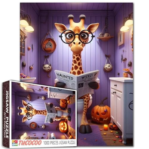 Halloween Giraffen Brille Lesen Zeitungen Jigsaw Puzzle 1000 Teile für Erwachsene Tier Kerze Kürbis Badezimmer Puzzles Intellektuelle Dekomprimierung Spaß Familienspiel von Walarky