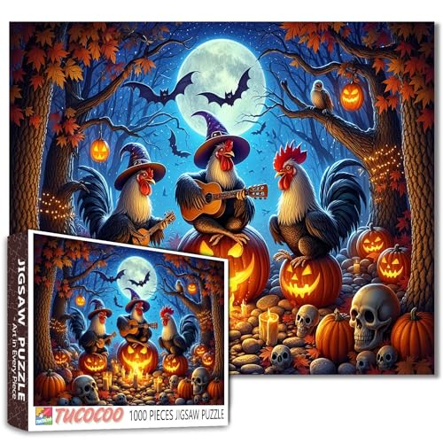 Halloween Hahn-Puzzles 1000 Teile Hexenhahn spielt Gitarre auf Kürbissen für Erwachsene Fledermäuse Kunst für Familienaktivitätsspiele DIY Handarbeit für Zuhause Wanddekoration Geschenk von Walarky