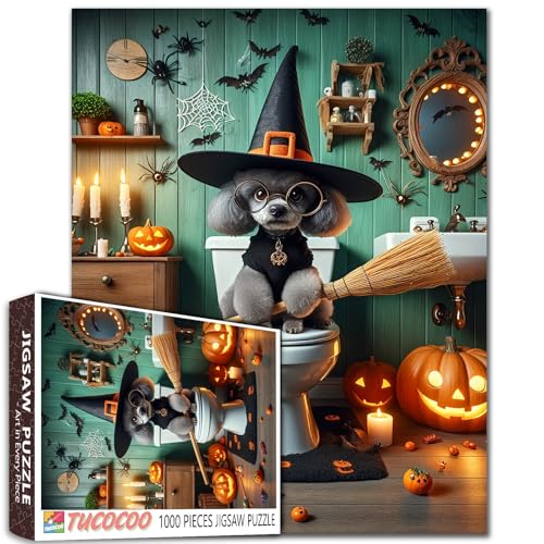 Halloween-Hexenhund, 1000-teiliges Puzzle für Erwachsene, Pudel, sitzend auf der Toilette, Tierpuzzles für anspruchsvolle Familienaktivitäten, buntes DIY-Kunst-Puzzle, Wanddekoration Halloween-Hexenhund, 1000-teiliges Puzzle für Erwachsene, Pudel, sitzend auf der Toilette, Tierpuzzles für anspruchsvolle Familienaktivitäten, buntes DIY-Kunst-Puzzle, Wanddekoration von Walarky