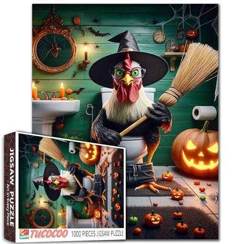 Halloween Huhn Puzzles 1000 Teile Hexenhahn auf Toilette für Erwachsene Tier Kürbisse Kunst für Familie Aktivitätsspiele DIY Handarbeit für Zuhause Wanddekoration Geschenke von Walarky
