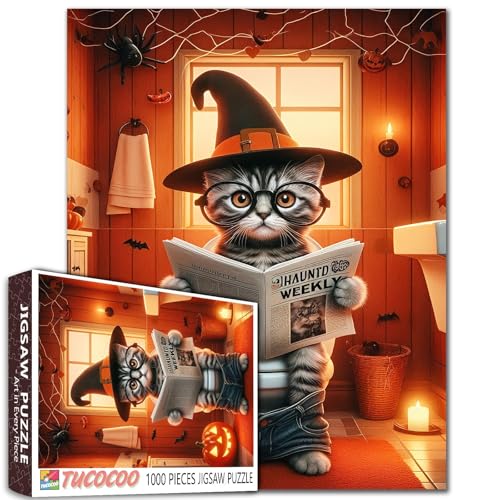 Halloween Katze Hexenhut Puzzle für Erwachsene 1000 Teile Lustiges Kätzchen Lesen Zeitung Badezimmer Puzzles mit Kürbis Kerzen Spinnen Tier Herausforderndes Puzzle Gruseliges Halloween Home Decor von Walarky