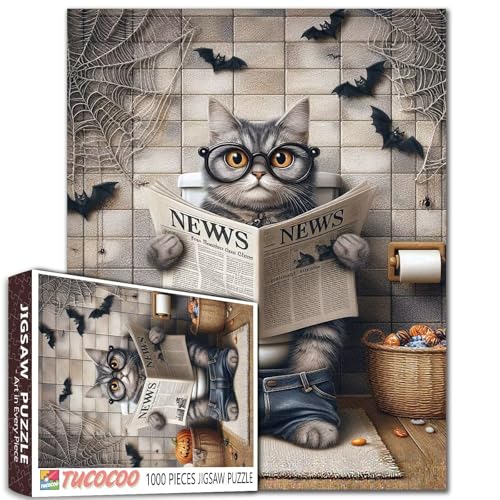 Halloween Katze Lesen Zeitung Puzzle 1000 Teile für Erwachsene Fledermaus Spinnennetz Toilettenpuzzles Herausforderung für Familie oder Freunde Spiel Wandkunst Dekor Geschenk 19,7 x 27,6 Zoll von Walarky