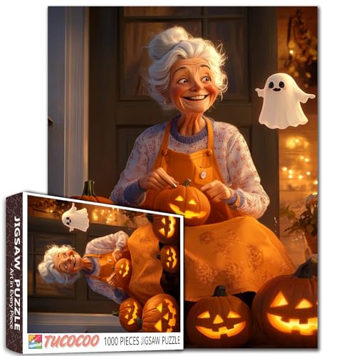 Halloween Kürbisschnitzen 1000 Teile Jigsaw Puzzle Gemütliche Herbstszene Küche DIY Puzzles für herausfordernde Familienaktivität Spiele Ältere Dame Kunst Home Wall Decor Craft Geschenke von Walarky