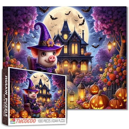 Halloween Pig Witch Jigsaw Puzzle for Adults 1000 Pieces Full Moon Haunted House Pumpkins Bats Night Fall Season Puzzles Home Decoration Family Games Fun Challenging Relaxing Holiday Puzzle Gift von Walarky