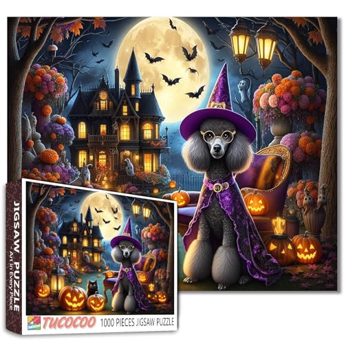 Halloween Pudel Hexe Puzzle für Erwachsene 1000 Teile Spukhaus Vollmond Jigsaw Kürbisse Fledermäuse Tiere Geister Gruselige Nachtpuzzles Dekor Spaß Herausfordernde Entspannende Aktivitäten Halloween von Walarky