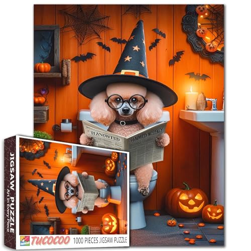 Halloween Pudel Hund 1000 Teile Puzzle Lustige Tier Hexenhut Lesen Zeitung Jigsaw Puzzle für Erwachsene Kürbisse Fledermäuse Gruseliges Spukhaus Herausfordernde Puzzles für Teenager Familie von Walarky