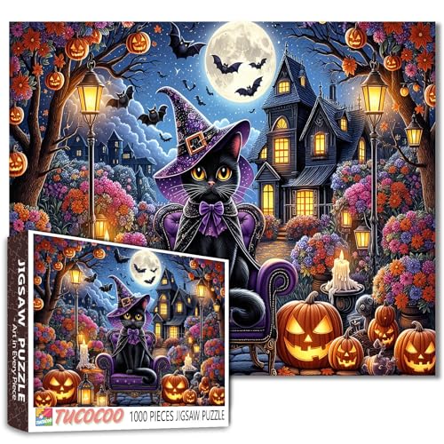 Halloween Schwarze Katze Hexenhut Puzzle für Erwachsene 1000 Teile Kätzchen Tier Spukhaus Vollmond Kürbisse Fledermäuse Nachtpuzzles Familienaktivitäten Wohnkultur Puzzle für entspannenden Spaß von Walarky