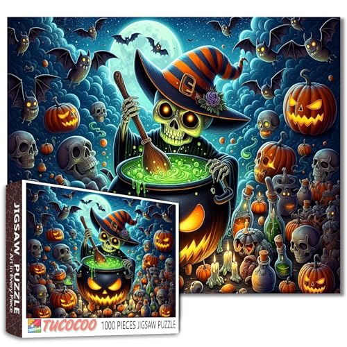 Halloween Skelett Hexe mit Cauldron Puzzles für Erwachsene 1000 Stück Schädel Kürbisse Kunst Zaubertränke für anspruchsvolle Familie Aktivität Spiel Craft Home Decor Geschenk von Walarky