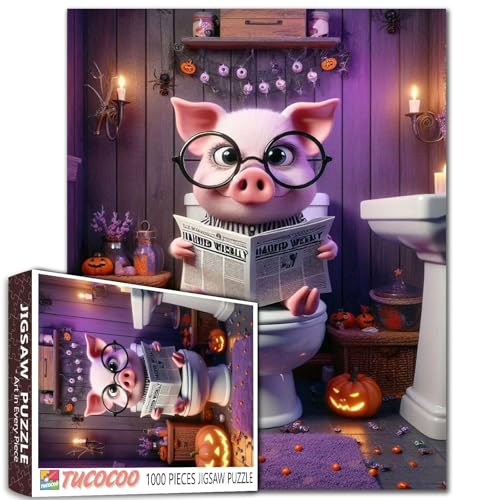 Halloween Süße Schweine Lesen Zeitung Jigsaw Puzzle 1000 Stück für Erwachsene Kürbis Tier Toilette Puzzles Challenging for Family or Friends Game Relaxation Entertainment Activity von Walarky