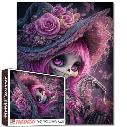 Halloween Sugar Skull Girl 1000 Stück Jigsaw Puzzle Rosa Rose Frauen für Erwachsene Tag der Toten Skelett Kunst 27x20 Zoll von Walarky