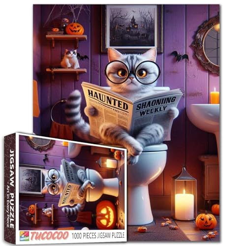 Halloween Tiere Katzen sitzen auf der Toilette Lesen Zeitungen Puzzle 1000 Teile für Erwachsene Kerze Kürbis Toilette Badezimmer Puzzles Stressabbau Spielzeug 19,7 x 27,6 Zoll von Walarky