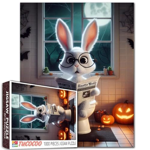 Halloween Tiere Niedliches Kaninchen Lesen Zeitung Puzzle 1000 Teile für Erwachsene Kürbis Fledermaus Toilette Puzzles Entspannung Unterhaltung Aktivität Unterhaltung Spielzeug Lustige Geschenke von Walarky