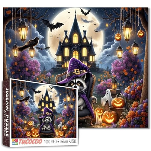 Halloween Waschbär sitzend auf Stuhl Puzzle für Erwachsene 1000 Teile Spukhaus Kürbisse Fledermäuse Vollmond Nacht Puzzles Tiere Dekor Herausforderndes Puzzle für Familienspielabende von Walarky