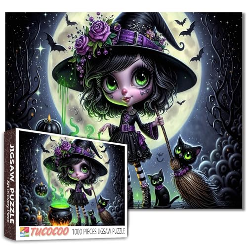 Halloween Witch Jigsaw Puzzle 1000 Pieces for Adult Black Cats and Bats for Challenging Family Activity Games DIY Handwork Easy Art Home Wall Decoration Gifts 20x27 Inches von Walarky