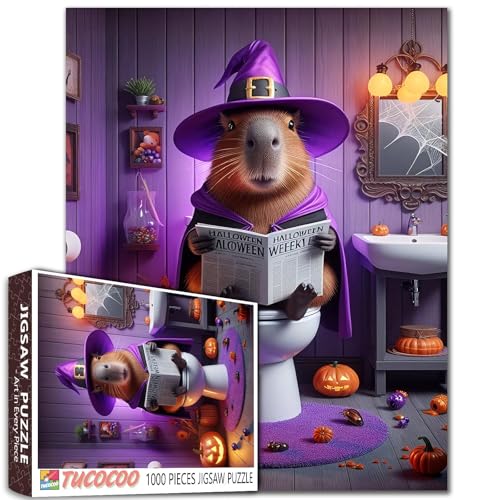 Hexe Capybara 1000 Teile Puzzle Halloween Badezimmer Szene Tier mit Brille Lustige Toilette Lesen Zeitung Erwachsene Anfänger Familie Aktivität DIY Handwerk Heimdekoration Geschenk 68,6 x 50,8 cm von Walarky