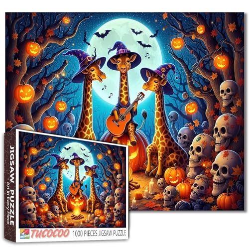Hexe Giraffe singt am Lagerfeuer Puzzles für Erwachsene 1000 Stück Halloween Tier DIY Handarbeit Kürbisse und Schädel Kunst für Heimdekoration Stressabbau Spielabende Geschenk von Walarky