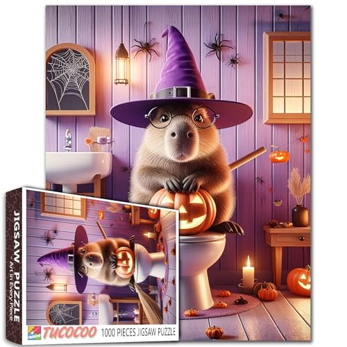 Hexe Tier auf Toilette Puzzle für Erwachsene Halloween Capybara 1000 Teile für Familienaktivität Spiele Besen Kunst DIY Handwerk Heimdekoration Geschenk 50,8 x 68,9 cm von Walarky
