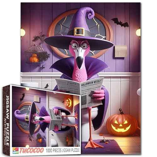 Hexen-Flamingo-Puzzle, Halloween, Badezimmer-Szene, Tier mit Brille, lustige Toilette, Lesen, Zeitung, Erwachsene, Anfänger, Familie, Aktivität, DIY, Basteln, Heimdekoration, Geschenk, 68 x 50 cm Hexen-Flamingo-Puzzle, Halloween, Badezimmer-Szene, Tier mit Brille, lustige Toilette, Lesen, Zeitung, Erwachsene, Anfänger, Familie, Aktivität, DIY, Basteln, Heimdekoration, Geschenk, 68 x 50 cm von Walarky