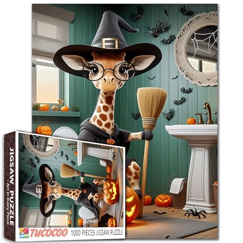 Hexen-Giraffe auf Toilette, Puzzle, 1000 Teile, Halloween-Tier für Erwachsene, Kürbis und Besen, Kunst, DIY, Handwerk, Stressabbau, Spielabende, Heimdekoration, Geschenk, 50,8 x 68,9 cm Hexen-Giraffe auf Toilette, Puzzle, 1000 Teile, Halloween-Tier für Erwachsene, Kürbis und Besen, Kunst, DIY, Handwerk, Stressabbau, Spielabende, Heimdekoration, Geschenk, 50,8 x 68,9 cm von Walarky