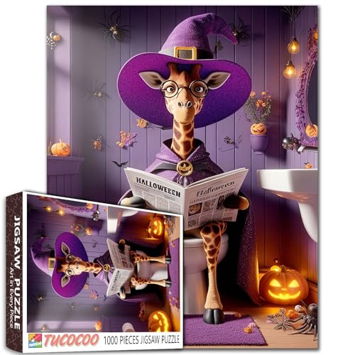 Hexen-Giraffen-Puzzle, Halloween, Badezimmer-Szene, Tier mit Brille, lustige Toilette, Lesen, Zeitung, Erwachsene, Anfänger, Familienaktivität, DIY, Basteln, Heimdekoration, Geschenk, 68 x 50 cm, 1000 Hexen-Giraffen-Puzzle, Halloween, Badezimmer-Szene, Tier mit Brille, lustige Toilette, Lesen, Zeitung, Erwachsene, Anfänger, Familienaktivität, DIY, Basteln, Heimdekoration, Geschenk, 68 x 50 cm, 1000 von Walarky