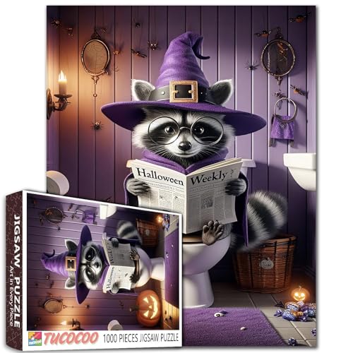 Hexen-Waschbär-Puzzle, Halloween, Badezimmer-Szene, Tier mit Brille, lustige Toilette, Lesen, Zeitung, Erwachsene, Anfänger, Familienaktivität, DIY, Basteln, Heimdekoration, Geschenk, 68 x 50 cm, 1000 Hexen-Waschbär-Puzzle, Halloween, Badezimmer-Szene, Tier mit Brille, lustige Toilette, Lesen, Zeitung, Erwachsene, Anfänger, Familienaktivität, DIY, Basteln, Heimdekoration, Geschenk, 68 x 50 cm, 1000 von Walarky
