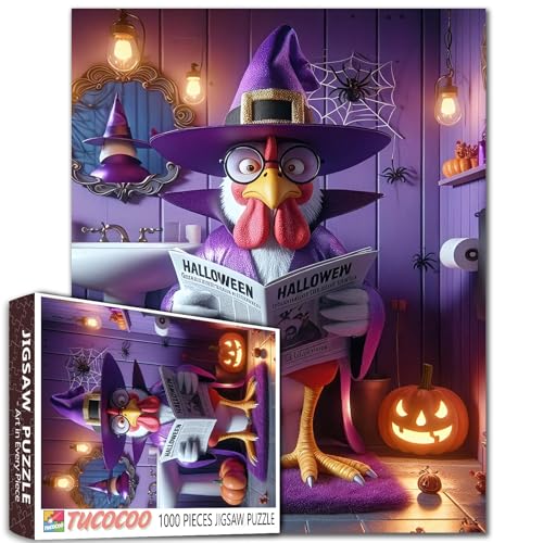 Hexenhahn Puzzle 1000 Teile Halloween Badezimmer Szene Tier mit Brille Lustige Toilette Lesen Zeitung Erwachsene Anfänger Familie Aktivität DIY Handwerk Heimdekoration Geschenk 68,8 x 50,8 cm von Walarky