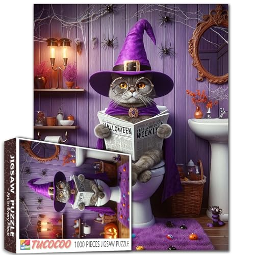 Hexenkatze Puzzle, Halloween, Badezimmer-Szene, Tier mit Brille, lustige Toilette, Lesen, Zeitung, Erwachsene, Anfänger, Familienaktivität, DIY, Basteln, Heimdekoration, Geschenk, 68 x 50 cm, 1000 Hexenkatze Puzzle, Halloween, Badezimmer-Szene, Tier mit Brille, lustige Toilette, Lesen, Zeitung, Erwachsene, Anfänger, Familienaktivität, DIY, Basteln, Heimdekoration, Geschenk, 68 x 50 cm, 1000 von Walarky
