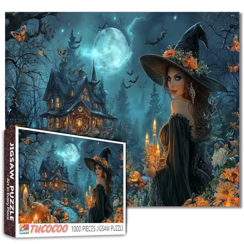Horror Schloss Hexe Puzzle 1000 Stück für Erwachsene Herbst Haunted House Art Horror Halloween Urlaub Familie für Spiel Nächte von Walarky