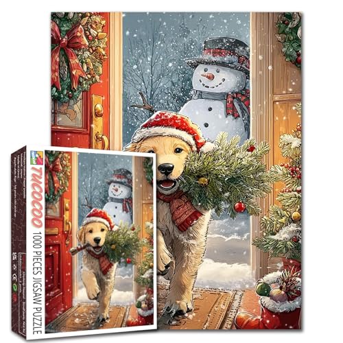 Hund mit Weihnachtsmütze, 1000-teiliges Puzzle für Erwachsene, niedlicher Schneemann, Winter-Szene, Puzzle, anspruchsvolle Familienaktivitäten, Spiele, Handarbeit, Geschenk für Zuhause, Wanddekoration von Walarky