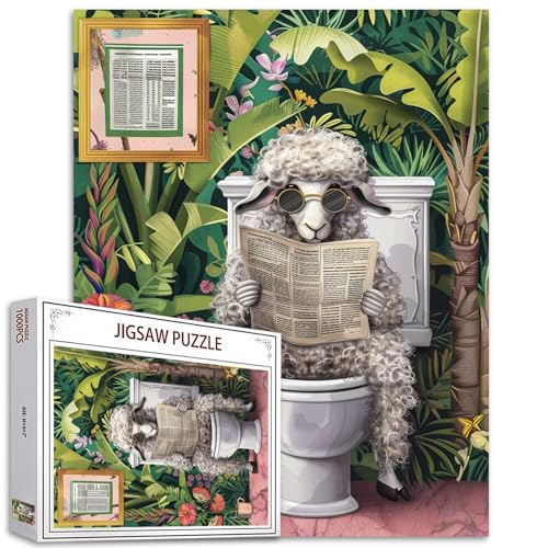 Lustige Schafe auf Toilette Puzzles für Erwachsene 1000 Teile, niedliche Tier-Lese-Zeitungen Kunst DIY Handwerk Puzzles für Heimdekoration Geschenke, Familie herausforderndes Puzzle perfekt für von Walarky