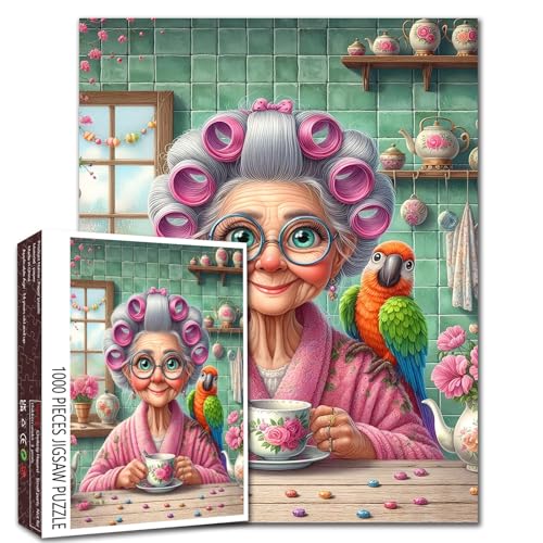 Lustiges Oma und Papageien-Puzzle für Erwachsene – 1000-teiliges gemütliches Tee-Time-Puzzle mit bunter Cartoon-Kunst, skurriler Küchenszene, herausforderndes und lustiges Puzzle-Spiel, Heimdekoration von Walarky