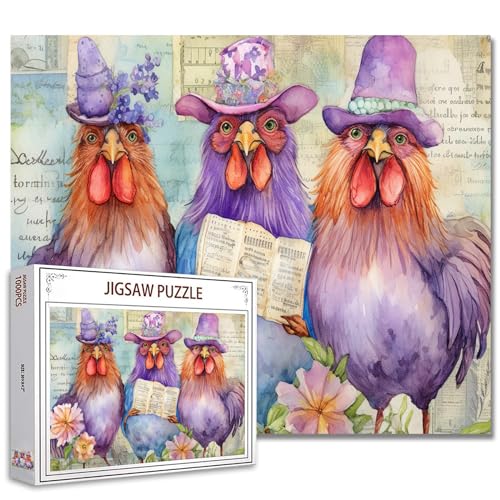 Niedliche Hahn-Puzzles für Erwachsene, 1000 Teile, lustige Aquarell-Hühner mit Hüten, Kunst-Puzzle, bunte DIY-Puzzles für Heimdekoration, Familienpuzzle, perfekt für Spielabende von Walarky