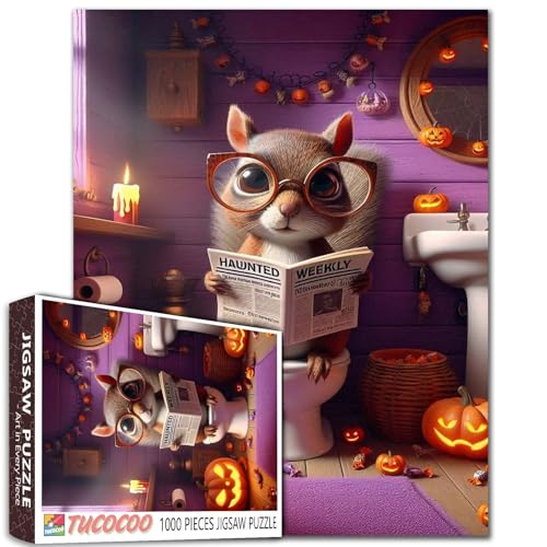 Niedliches Eichhörnchen Halloween Puzzle 1000 Teile für Erwachsene Tier Zeitung Toilettenpuzzles Intellektuelle Dekomprimierung Spaß Familienspiel Stressabbau Spielzeug Wandkunst Dekor Geschenk von Walarky