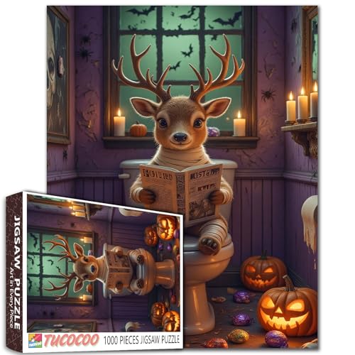 Niedliches Hirsch-Puzzle, Halloween, Badezimmer-Szene, lustige Toilette, Lesen, Zeitung, Erwachsene, Anfänger, Familienaktivität, DIY, Basteln, Heimdekoration, Geschenk, 68 x 50 cm Niedliches Hirsch-Puzzle, Halloween, Badezimmer-Szene, lustige Toilette, Lesen, Zeitung, Erwachsene, Anfänger, Familienaktivität, DIY, Basteln, Heimdekoration, Geschenk, 68 x 50 cm von Walarky