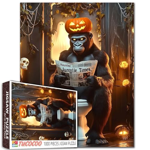 Puzzle 1000 Teile Gorilla Kürbis Helm Halloween Dschungel Badezimmer Schädel Spukspiegel Dramatisches Humorvolles Familienspiel Geschenk 68,6 x 50,8 cm von Walarky