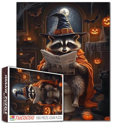 Puzzle 1000 Teile Waschbär Zauberer Halloween WC-Szene Jack O Laternen Schwimmkerzen Fledermäuse Geist Spiegel Familie Spaß DIY Handwerk 68,6 x 50,8 cm Puzzle 1000 Teile Waschbär Zauberer Halloween WC-Szene Jack O Laternen Schwimmkerzen Fledermäuse Geist Spiegel Familie Spaß DIY Handwerk 68,6 x 50,8 cm von Walarky