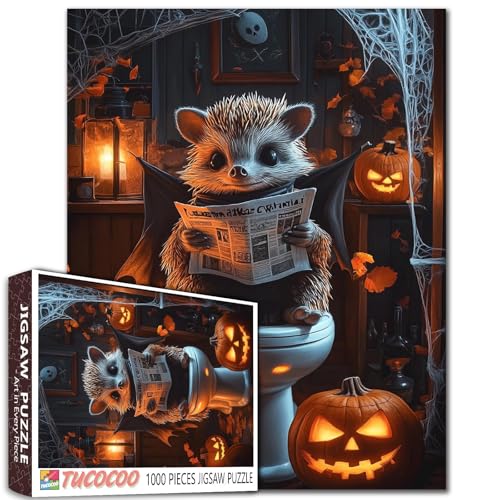 Puzzle 1000 Teile Winziges Igel-Fledermaus-Kostüm Halloween Badezimmer leuchtende Kürbisnetze Trankflaschen skurriles Geschenk Familienspaß 68,6 x 50,8 cm von Walarky