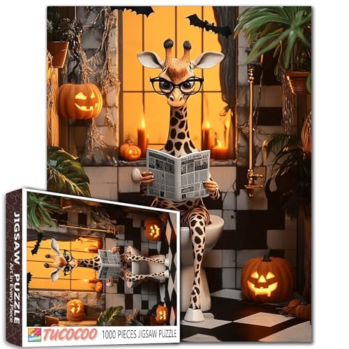 Puzzle für Erwachsene, Anfänger, alberne Giraffe im gruseligen Badezimmer mit Kürbissen, Fledermäusern, Spinnweben, herausforderndes Spiel, buntes Kunst, Geschenk für Zuhause, 68 x 50 cm, 1000 Teile Puzzle für Erwachsene, Anfänger, alberne Giraffe im gruseligen Badezimmer mit Kürbissen, Fledermäusern, Spinnweben, herausforderndes Spiel, buntes Kunst, Geschenk für Zuhause, 68 x 50 cm, 1000 Teile von Walarky