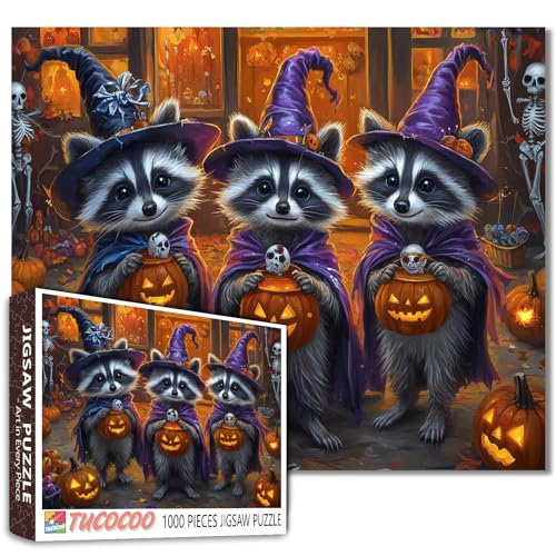 Puzzle für Erwachsene und Anfänger, bunt, Bastelgeschenk, Waschbären, Zauberer, Hüte, Vampirumhänge, Süßigkeitenladen, schwimmende Kerzen, Skelett-Dekoration, 68 x 50 cm, 1000 Teile Puzzle für Erwachsene und Anfänger, bunt, Bastelgeschenk, Waschbären, Zauberer, Hüte, Vampirumhänge, Süßigkeitenladen, schwimmende Kerzen, Skelett-Dekoration, 68 x 50 cm, 1000 Teile von Walarky