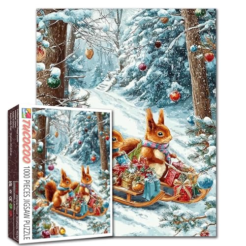 Puzzle mit Eichhörnchen, 1000-teiliges Puzzle für Erwachsene, Weihnachtstag, Winter-Szene, Puzzles, herausfordernde Familienaktivitäten, Spiele, Tier-/Wildtier-Handarbeit, Geschenk, Heimdekoration von Walarky