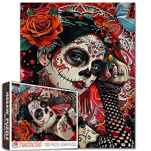 Schädel Frau Puzzles für Erwachsene 1000 Stück Zuckerschädel DIY Handarbeit Puzzles Halloween Kunst Puzzles für Heimdekoration Herausforderung Puzzle Stressabbau Spiel Nächte Geschenk von Walarky