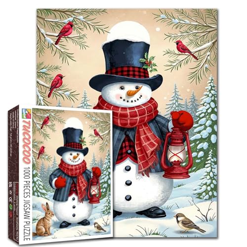 Schneemann 1000 Teile Puzzle Frohe Weihnachten Retro Winter Landschaft Puzzle für Erwachsene Roter Kolibri Warmes Geschenk für anspruchsvolle Familienaktivitätsspiele DIY Handwerk Zuhause Festliche von Walarky