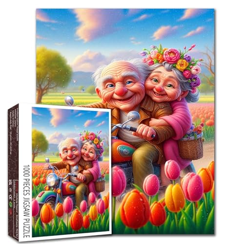 Senior Couple Motorcycle Ride Jigsaw Puzzle - 1000 Piece Whimsical Puzzle for Adults with Tulip Field, Flowers and Romantic Elderly Couple, Vibrant Art Challenging Puzzles Game Home Decor Gift Senior Couple Motorcycle Ride Jigsaw Puzzle - 1000 Piece Whimsical Puzzle for Adults with Tulip Field, Flowers and Romantic Elderly Couple, Vibrant Art Challenging Puzzles Game Home Decor Gift von Walarky